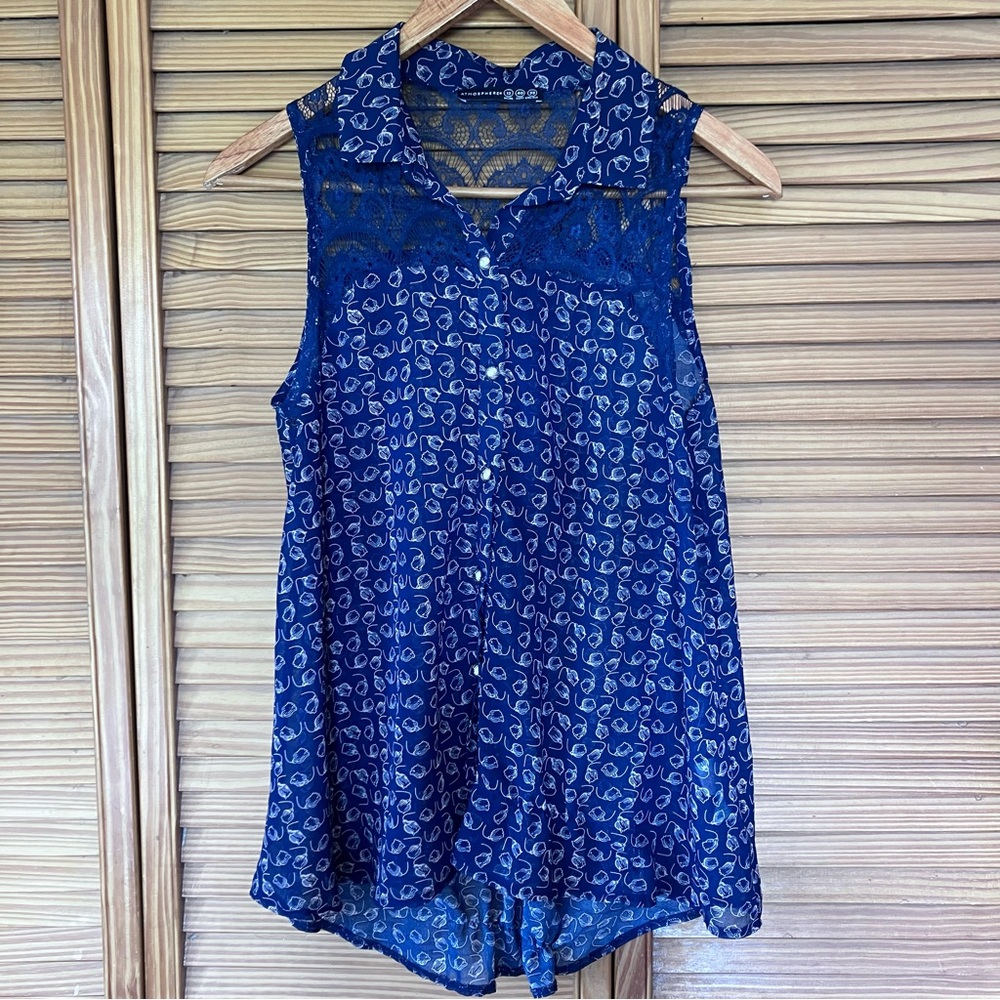 Atmosphere Navy Paisley Lace Yoke Sleeveless Blouse Sheer High Low Top Women M